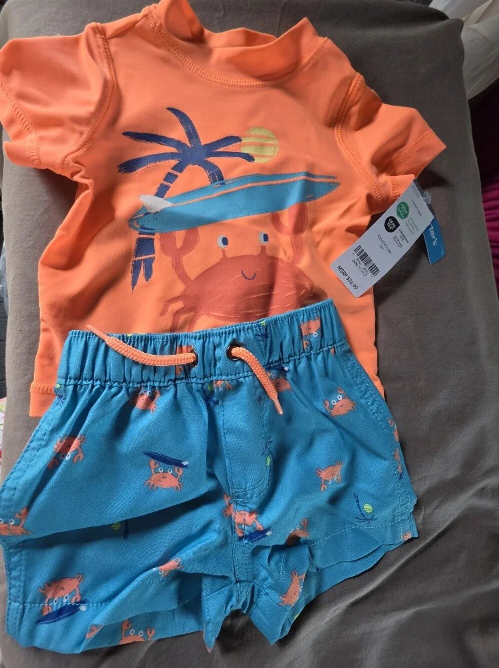Carter's Orange & Teal Crab Print Kids Swim Set